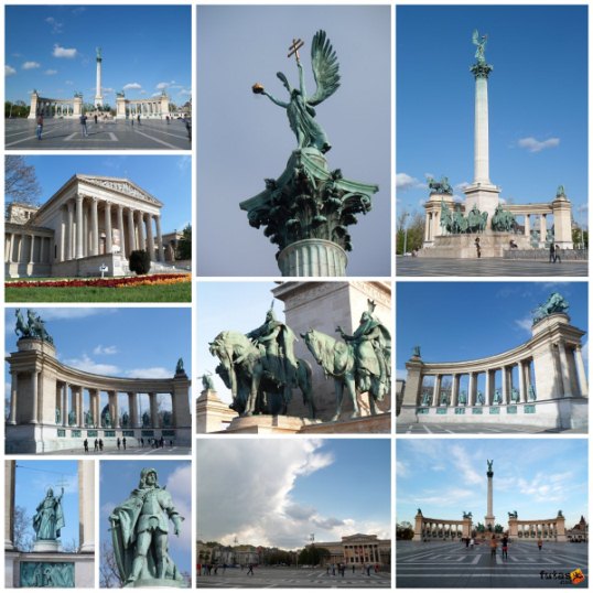Hőkös tere képek: a Millenniumi emlékmű , Gábriel arkangyal, Árpád és a hét vezér , a két oszlopcsarnok valamint a Szépművészeti Múzeum és a Műcsarnok
