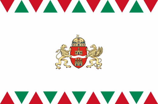 Budapes-zászló Budapest zászlaja a főváros címerével, piros fehér zöld szegéllyel