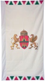Budapest zászló, Budapest zászlaja Budapest címerével és nemzeti színekből összeálló háromszöges díszsorral szegélyezett