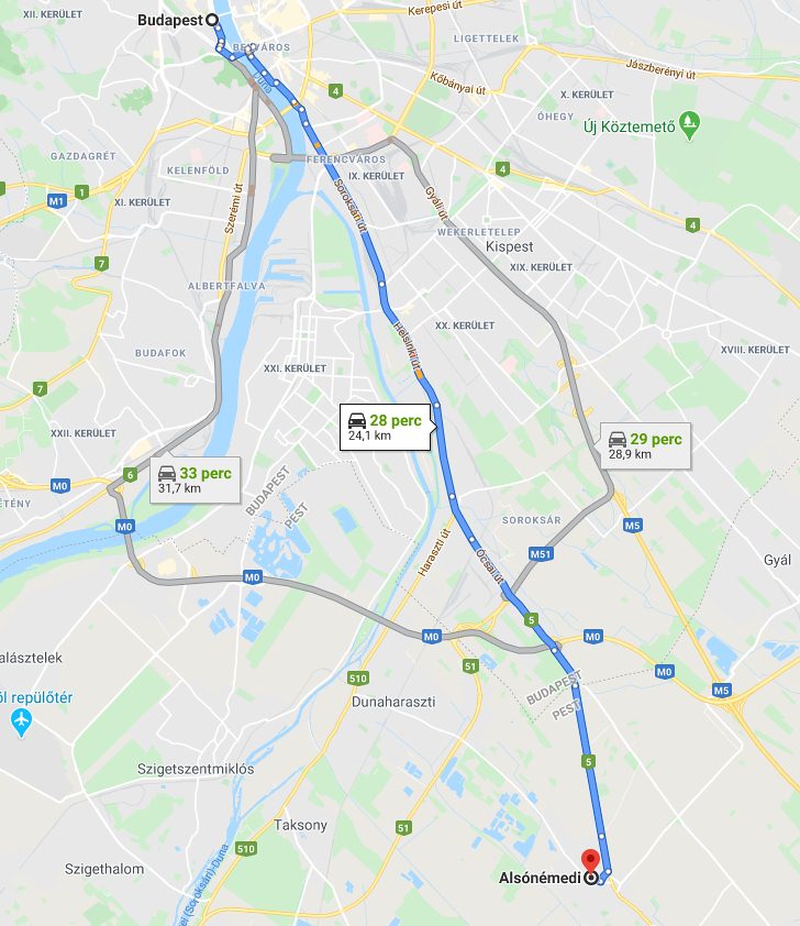 Alsónémedi Budapest távolság térképe autóval