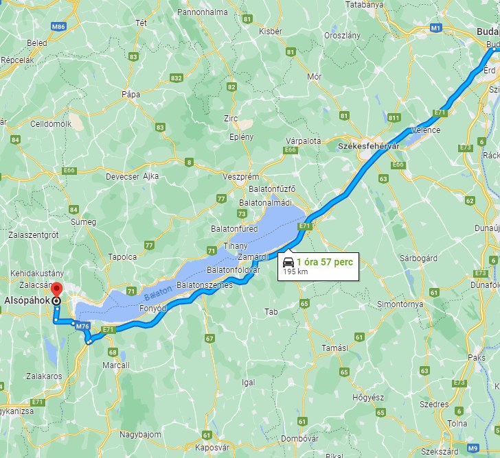 Alsópáhok Budapest távolság térképe autóval