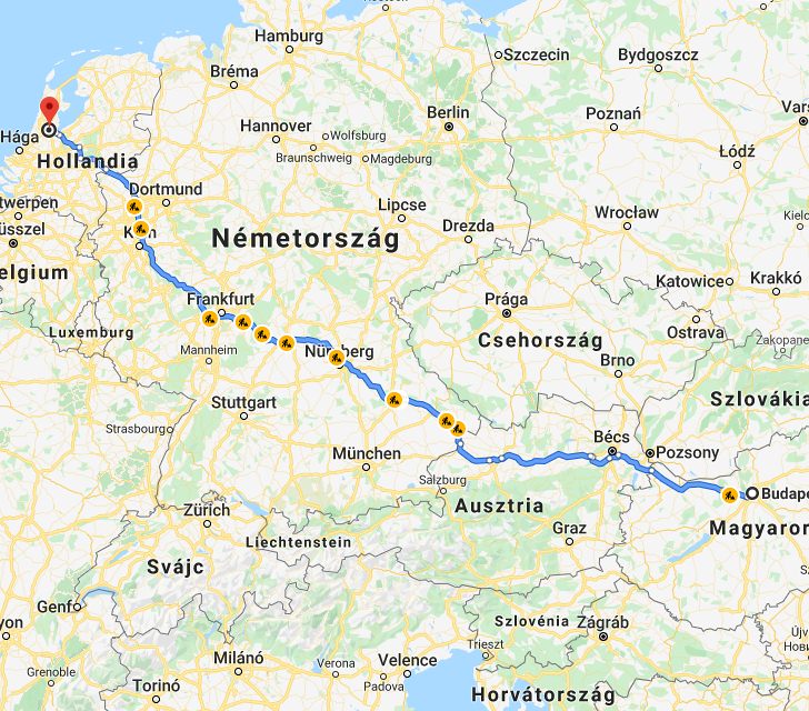 Amszterdam Budapest távolság térképe autóval
