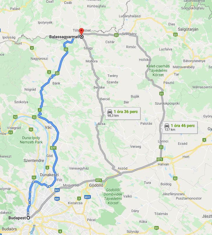 Balassagyarmat Budapest távolság térképe autóval