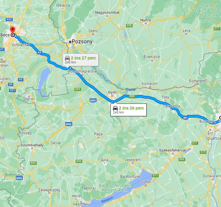 Bécs Budapest távolság térképe autóval