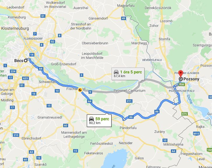 Bécs Pozsony távolság térképe autóval