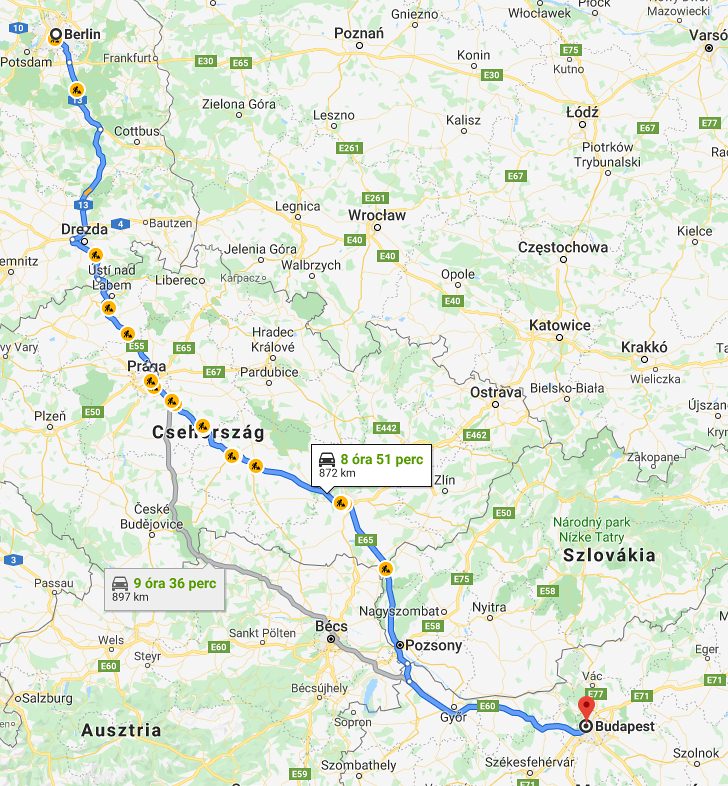 Berlin Budapest távolság térképe autóval