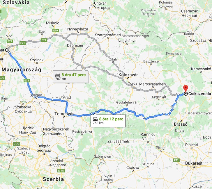 Csíkszereda Budapest távolság térképe autóval