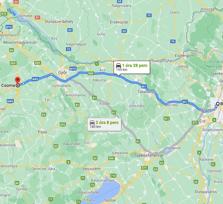 Csorna Budapest távolság térképe autóval
