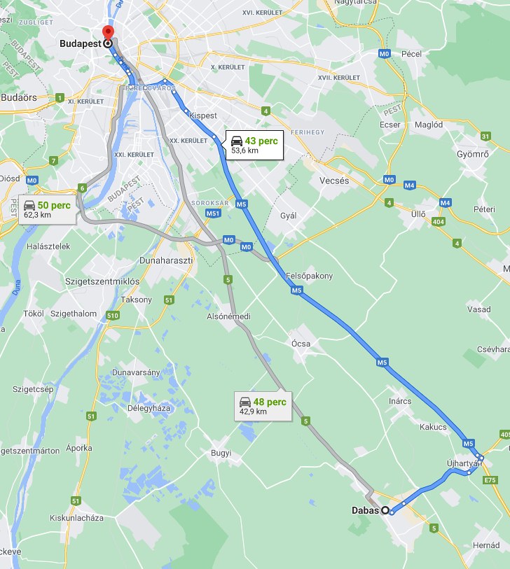 Dabas Budapest távolság térképe autóval