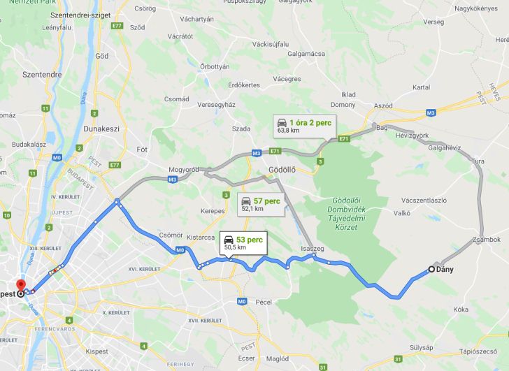 Dány Budapest távolság térképe autóval
