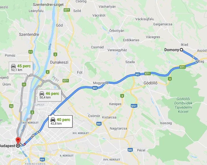 Domony Budapest távolság térképe autóval
