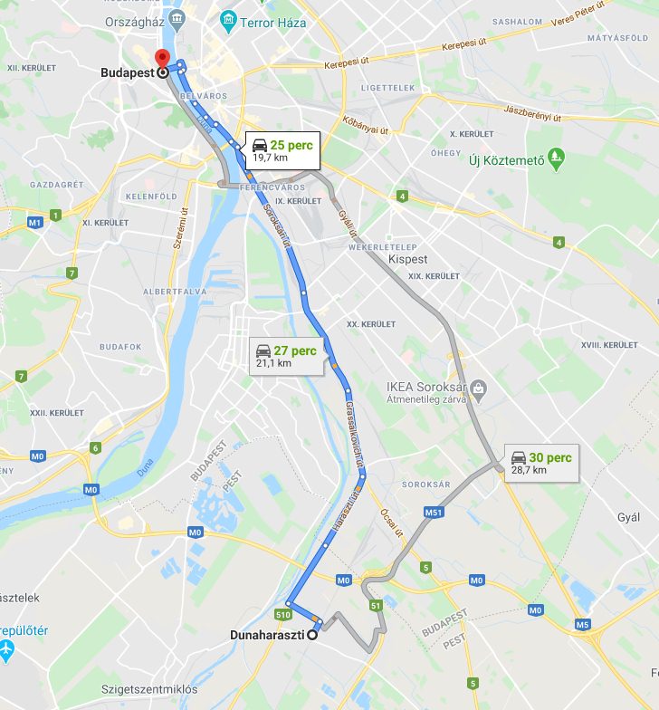 Dunaharaszti Budapest távolság térképe autóval