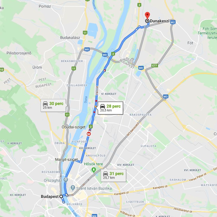 Dunakeszi Budapest távolsága térképen autós úton