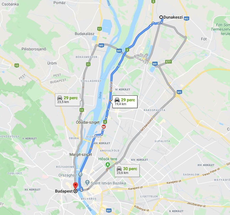 Dunakeszi Budapest távolság térképe autóval