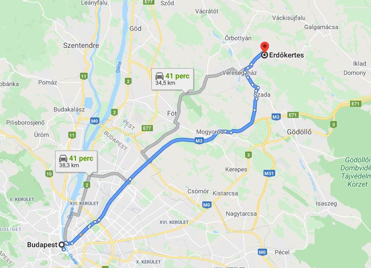 Erdőkertes Budapest távolság térképe autóval