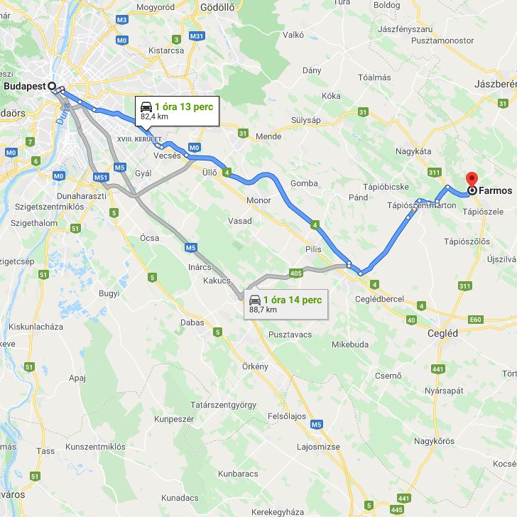 Farmos Budapest távolság térképe autóval