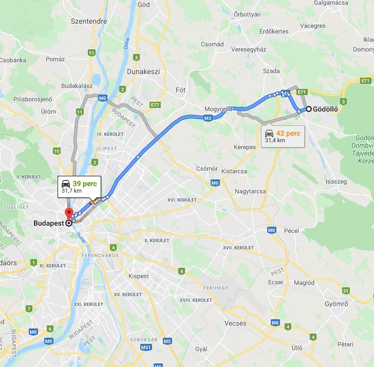 Gödöllő Budapest távolság térképe autóval