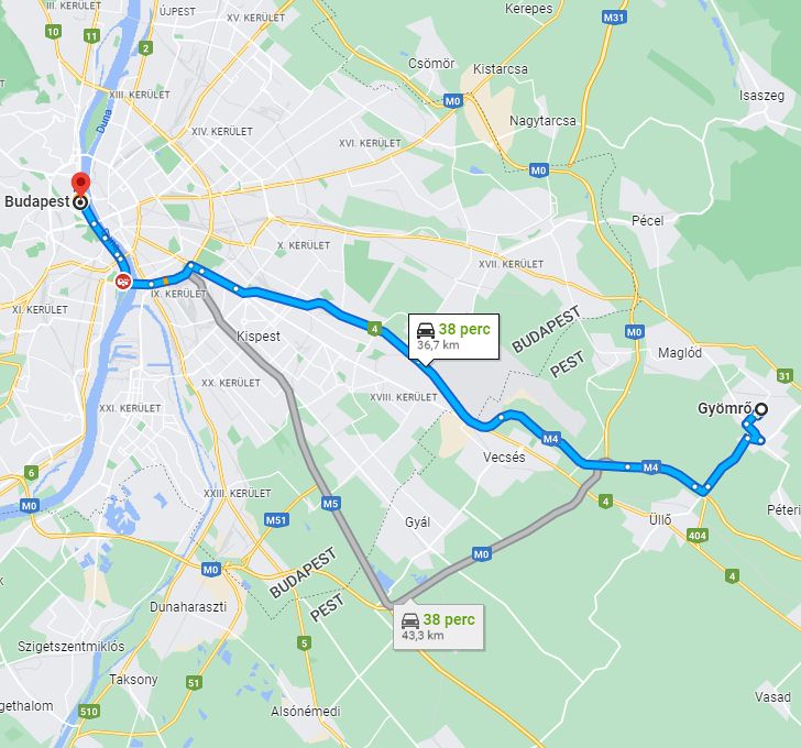 Gyömrő Budapest távolsága térképen autós úton