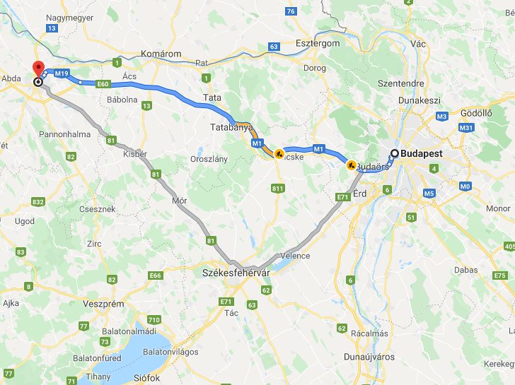 Győr Budapest távolsága térképen autós úton