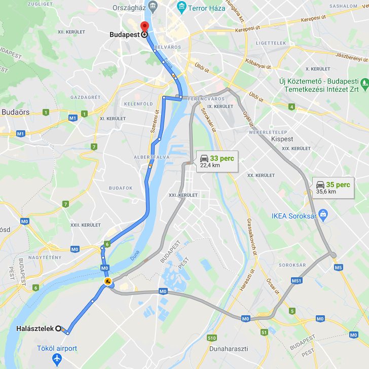 Halásztelek Budapest távolság térképe autóval