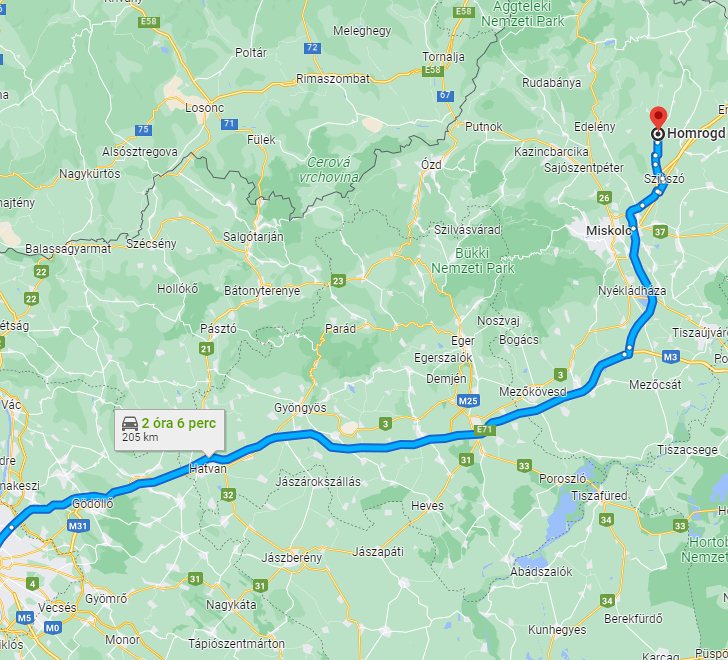 Homrogd Budapest távolság térképe autóval