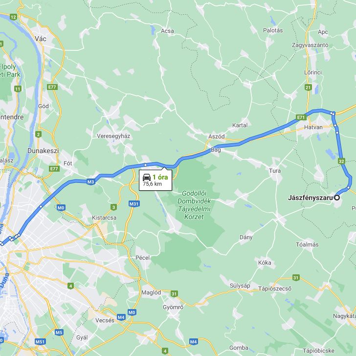 Jászfényszaru Budapest távolság térképe autóval