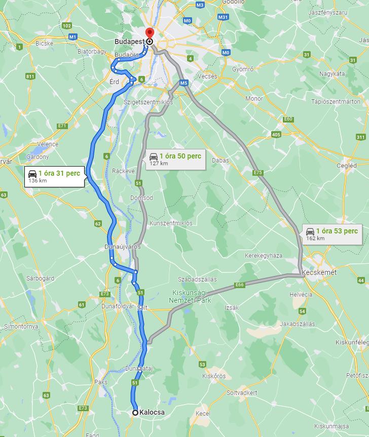 Kalocsa Budapest távolság térképe autóval