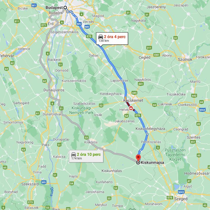 Kiskunmajsa Budapest távolság térképe autóval