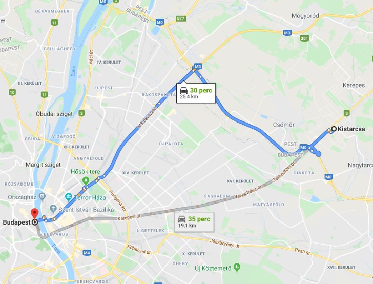 Kistarcsa Budapest távolság térképe autóval
