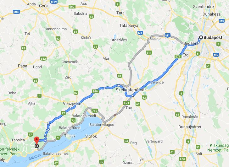 Kővágóörs Budapest távolság térképe autóval