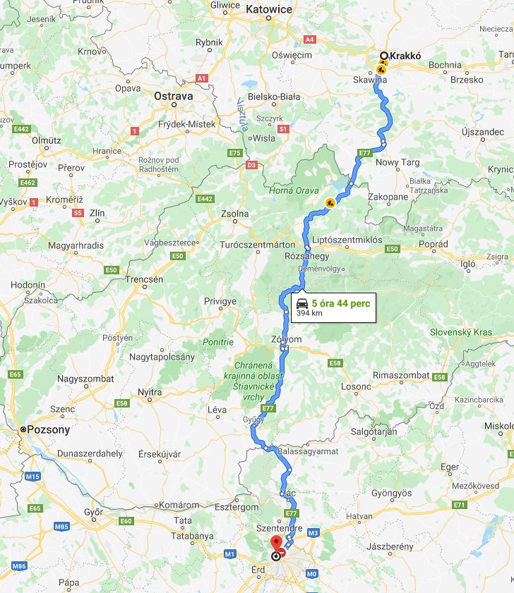 Krakkó Budapest távolság térképe autóval