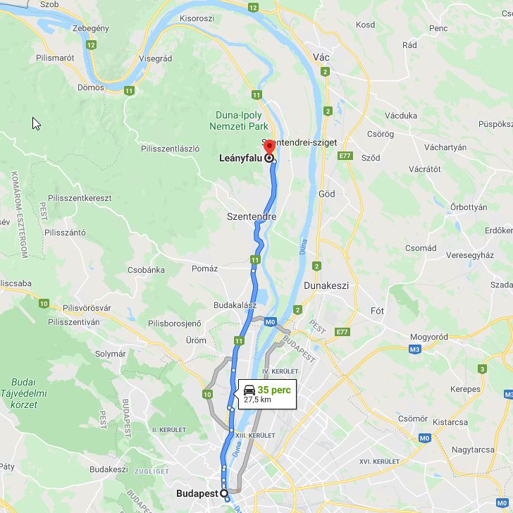 Leányfalu Budapest távolság térképe autóval