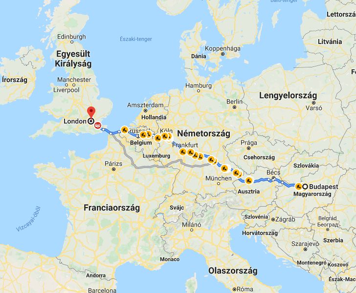 London Budapest távolság térképe autóval