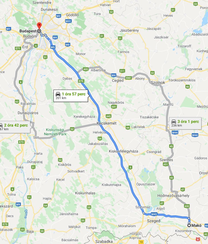 Makó Budapest távolság térképe autóval