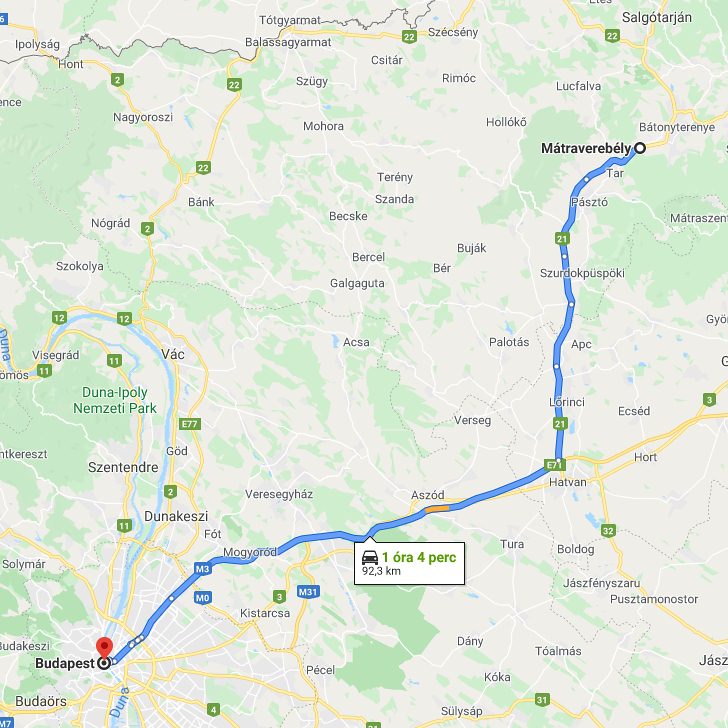 Mátraverebély Budapest távolság térképe autóval