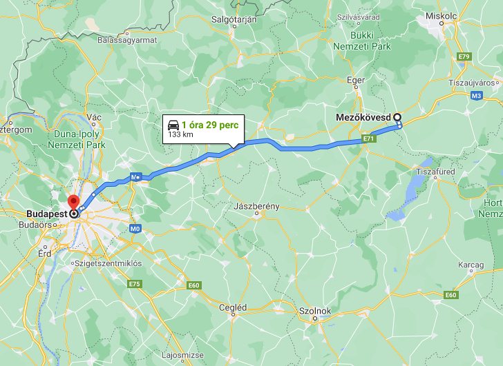 Mezőkövesd Budapest távolság térképe autóval