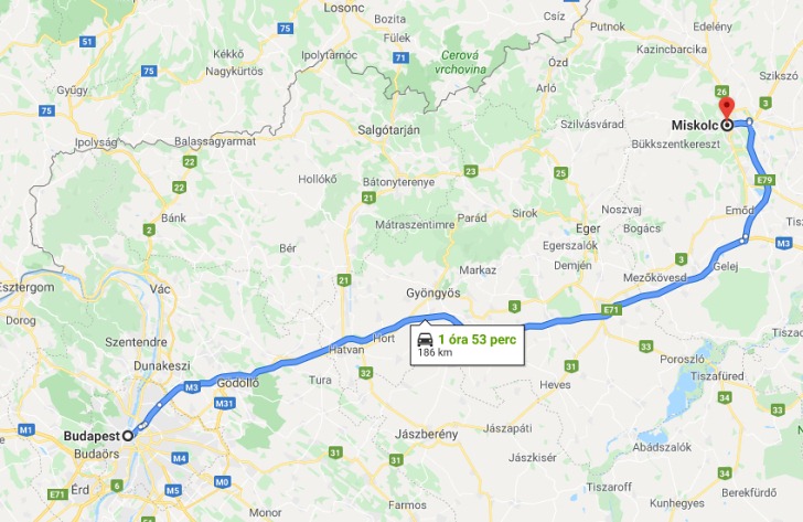 Miskolc Budapest távolsága térképen autós úton