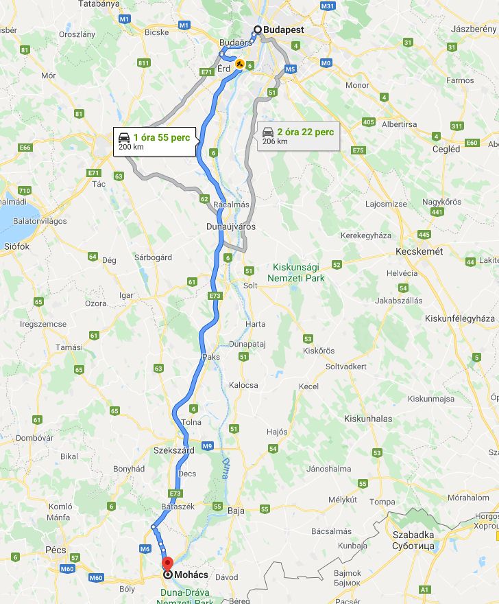 Mohács Budapest távolság térképe autóval
