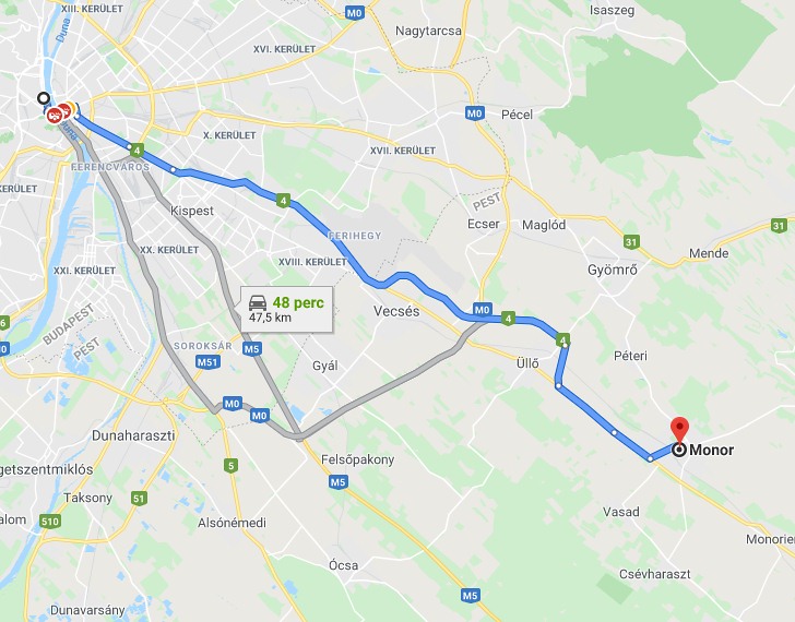 Monor Budapest távolság térképe autóval