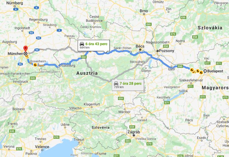 München Budapest távolság térképe autóval