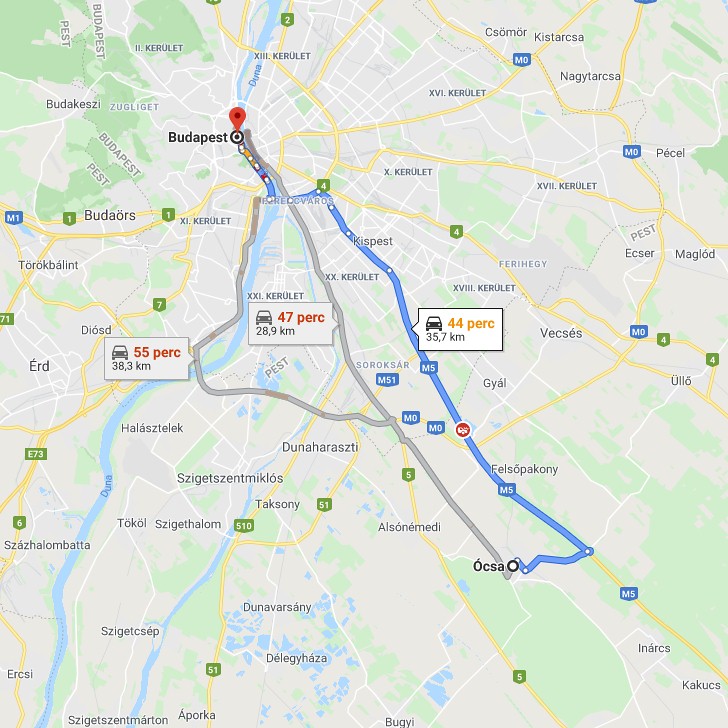 Ócsa Budapest távolság térképe autóval