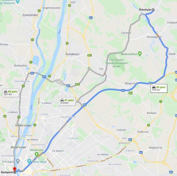 Őrbottyán Budapest távolság térképe autóval