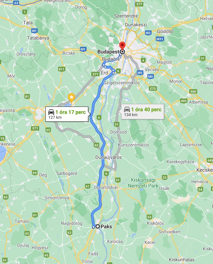 Paks Budapest távolság térképe autóval