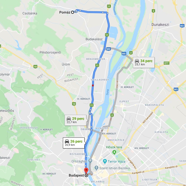 Pomáz Budapest távolság térképe autóval