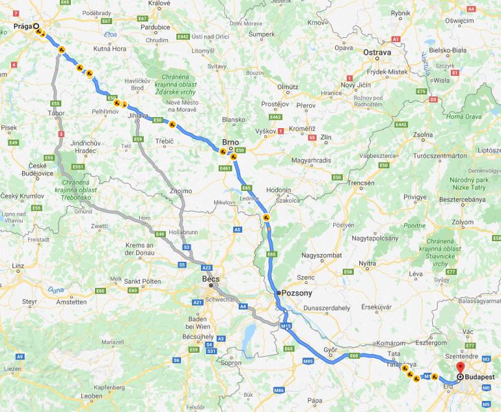 Prága Budapest távolság térképe autóval