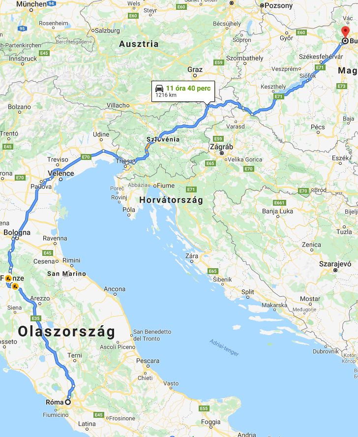 Róma Budapest távolság térképe autóval