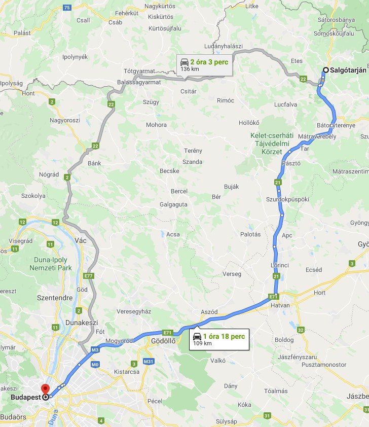 Salgótarján Budapest távolság térképe autóval