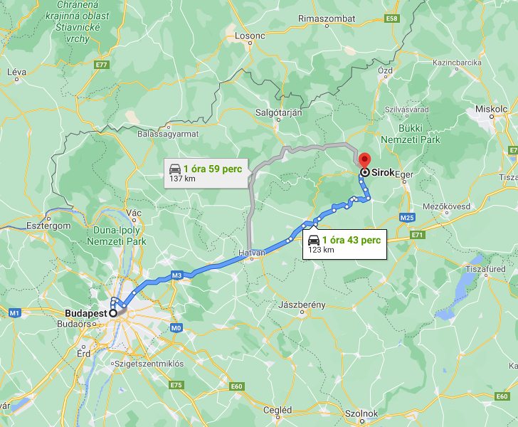 Sirok Budapest távolság térképe autóval