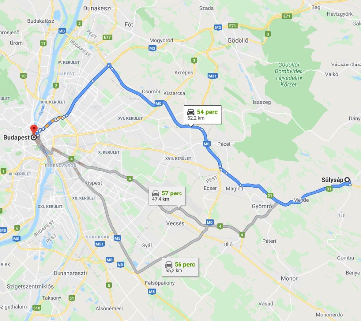 Sülysáp Budapest távolság térképe autóval