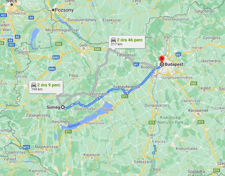 Sümeg Budapest távolság térképe autóval